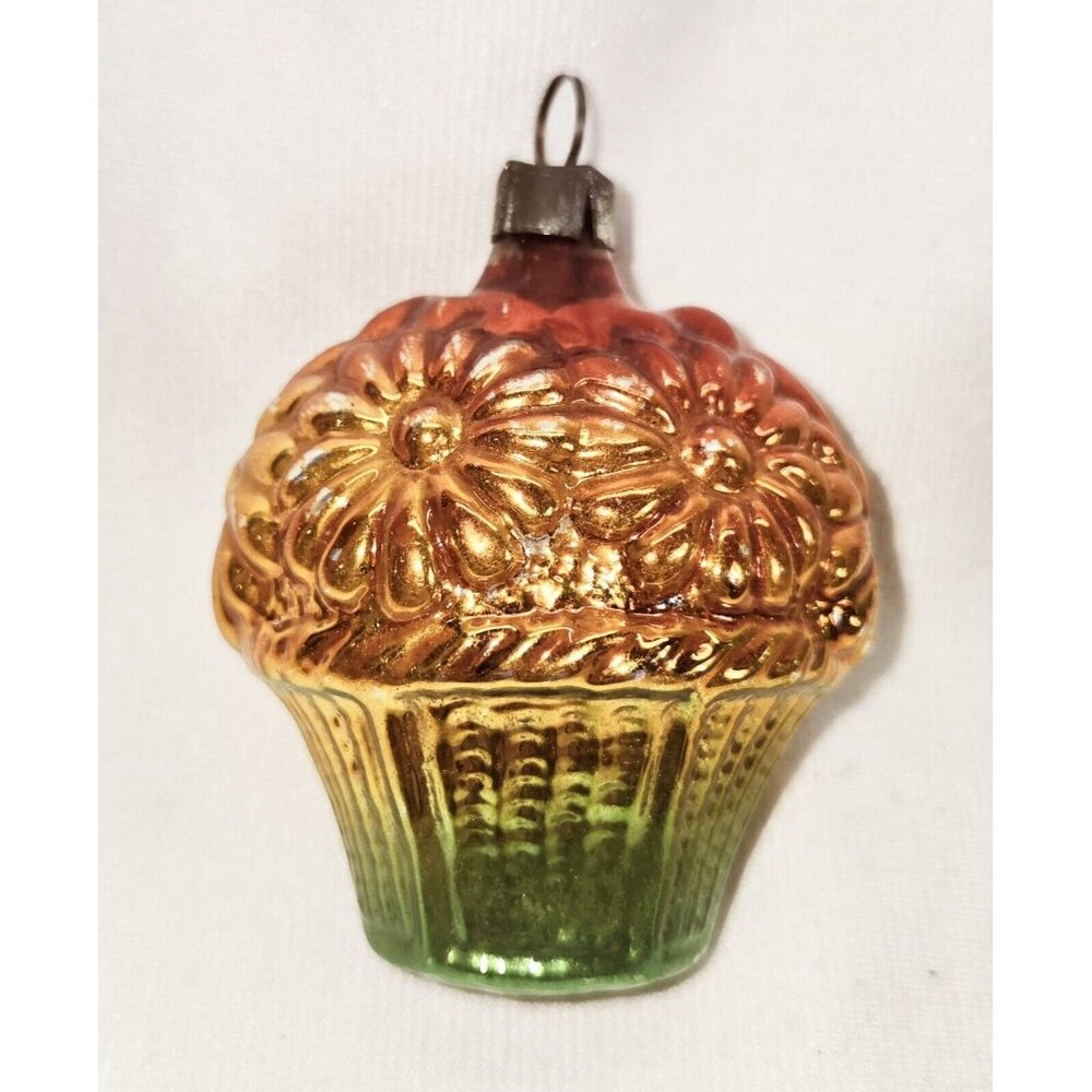 Vtg Mercury glass  Basket of flowers shaped glitter ornament West Germany